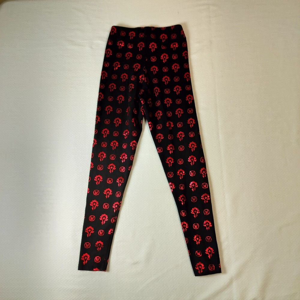 Woman's World of Warcraft WOW Leggings Size S Horde Black Red Foil Stretch